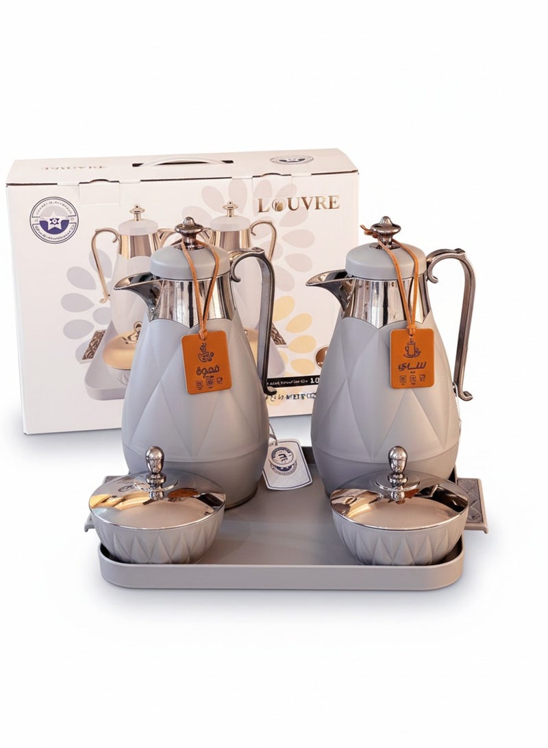 لوفر طقم ترامس شاي وقهوة فاخر بتصميم ماسي أنيق – عدد 2 ترمس مع صينية وعلب تقديم بغطاء – مثالي للضيافة والمناسبات - Image 2